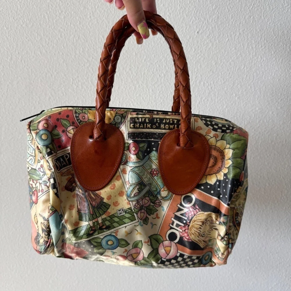 Vintage Mary Engelbreit Print Nordic House Designs Canvas Leather Duffle Purse